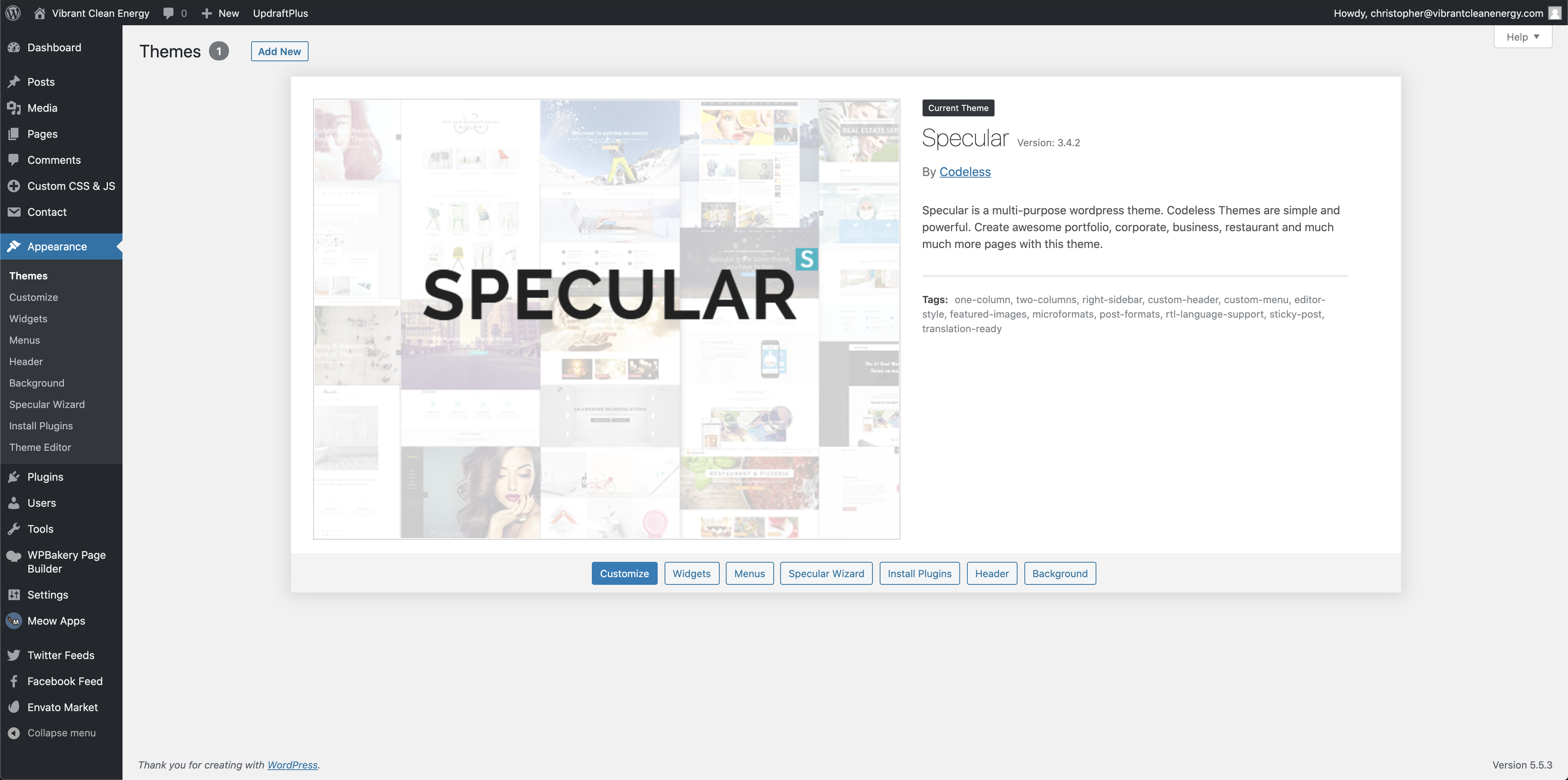 Screenshot of website updated to Specular 3.4.2. No codeless settings page.